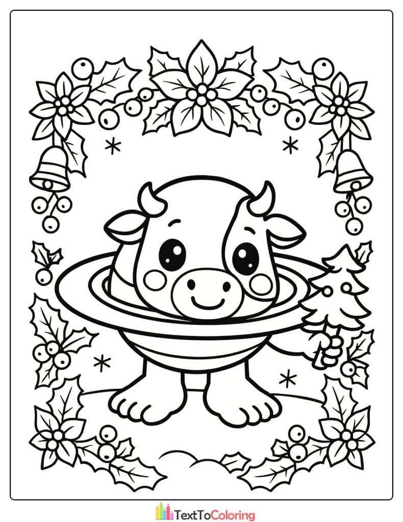 Cute Baby Bull Christmas Frame Coloring Page Happy Holidays