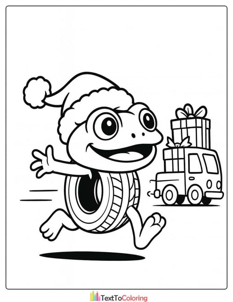 Christmas Frog in Tire Running with Presents Truck Coloring Page