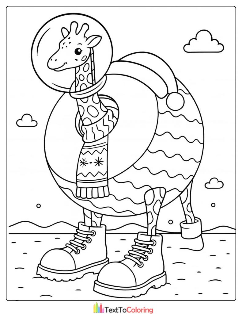 Cute Giraffe Astronaut in Christmas Scarf Coloring Page