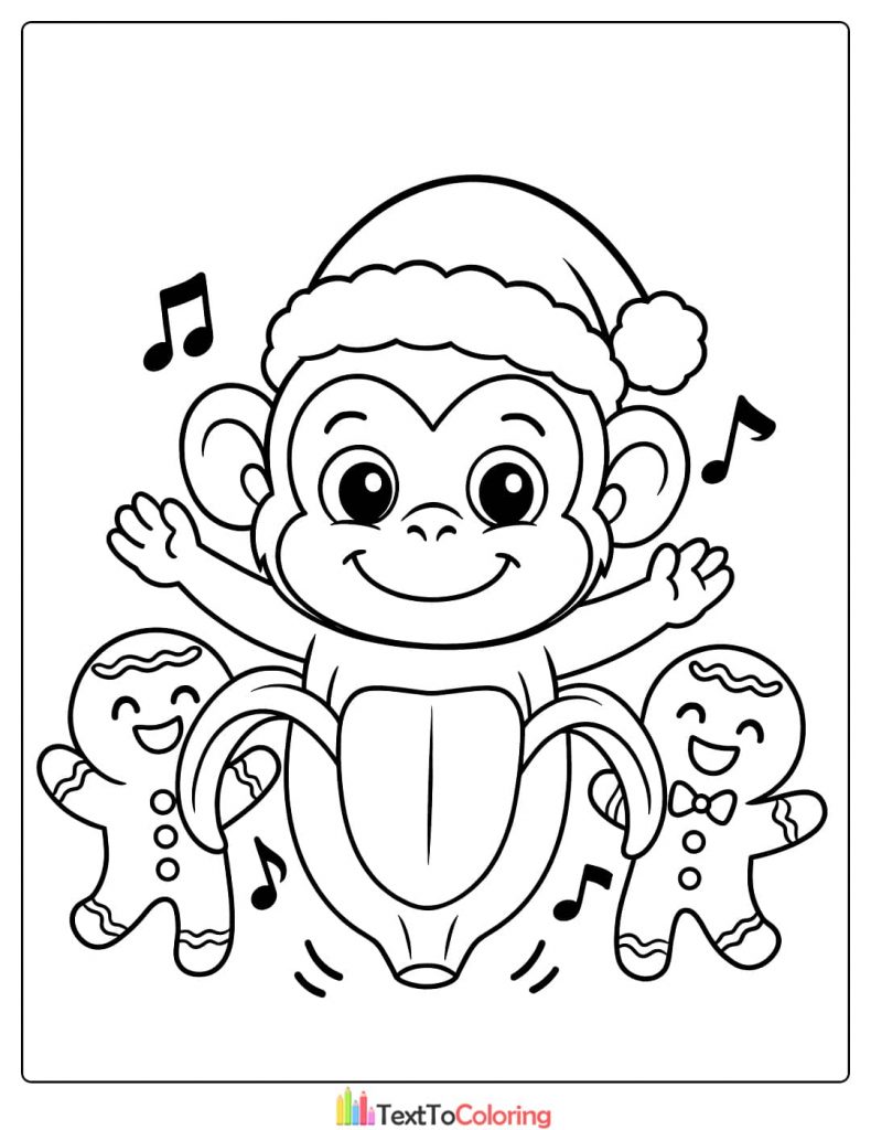 Christmas Monkey in Banana with Gingerbread Men Coloring Page