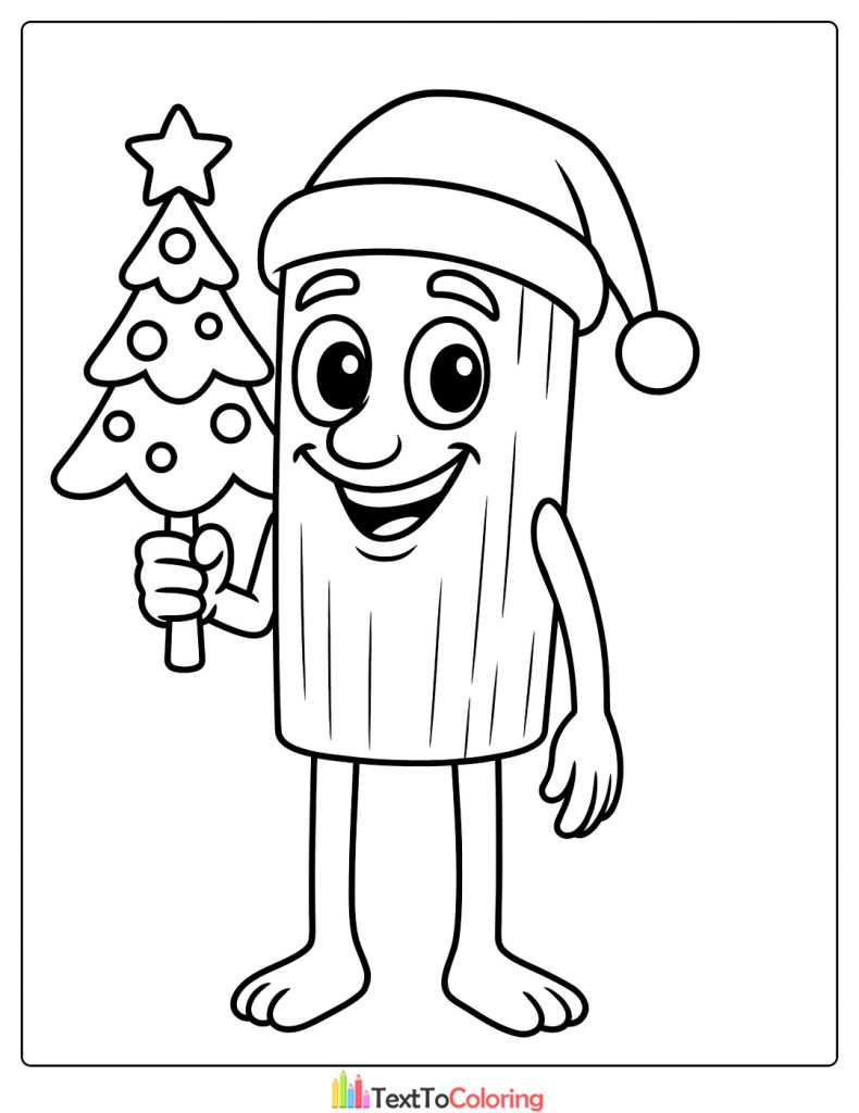 Christmas Wood Log Mascot Pushing Cart with Gifts Coloring Page