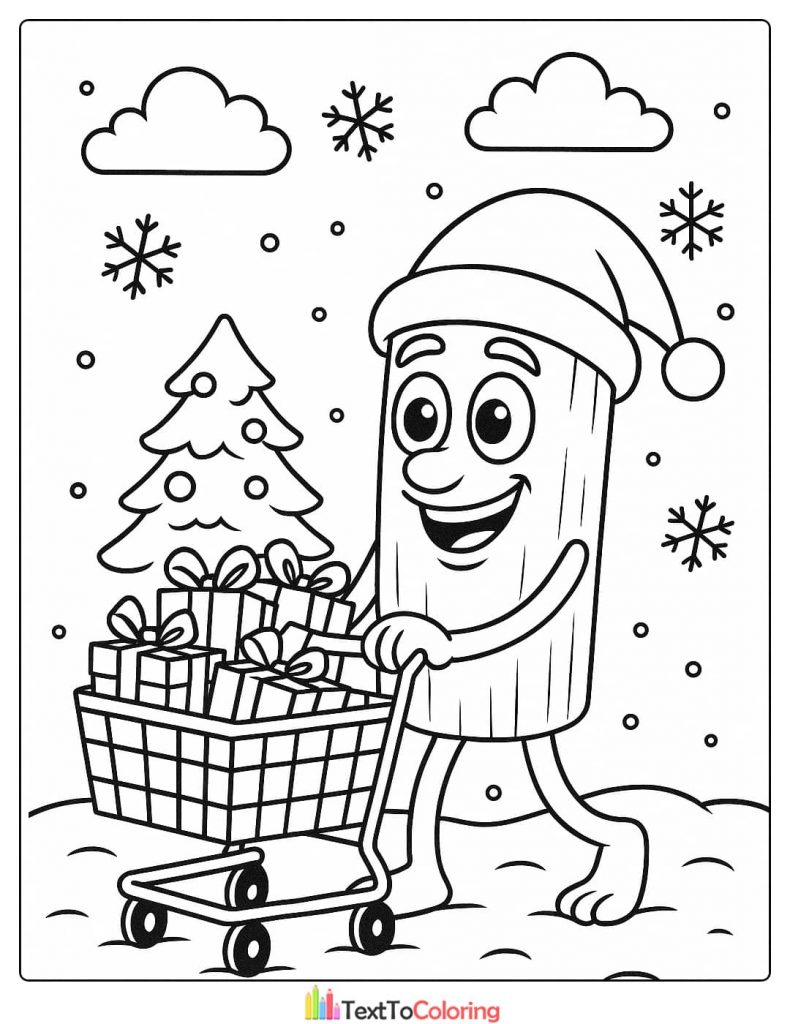 Christmas Wood Log Mascot Pushing Cart with Gifts Coloring Page