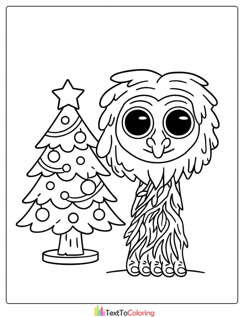 Cute Yeti Mascot with Christmas Tree Coloring Page