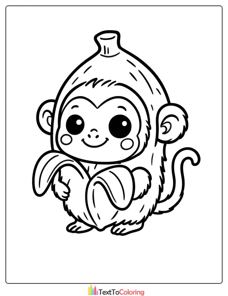 Cute Monkey Mascot Eating Banana Coloring Page Free Download