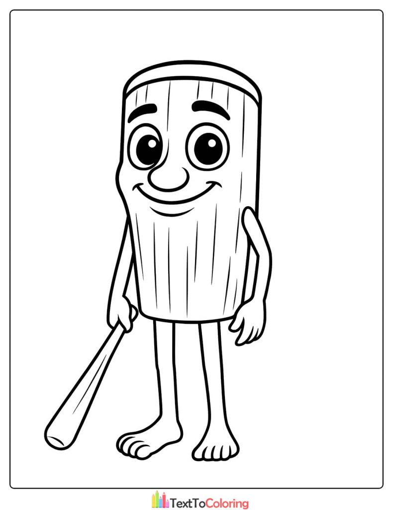Wood Log Mascot Holding Baseball Bat Coloring Page