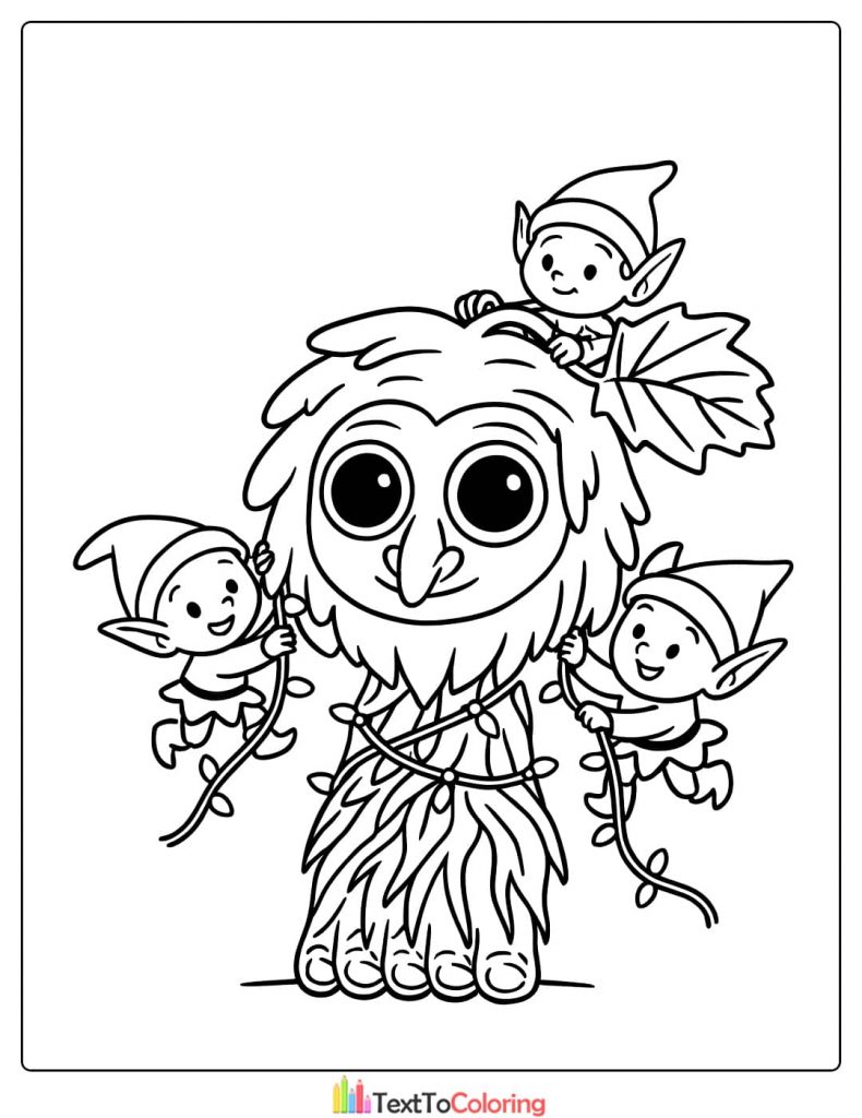 Cute Yeti Mascot with Elves and Garland Coloring Page