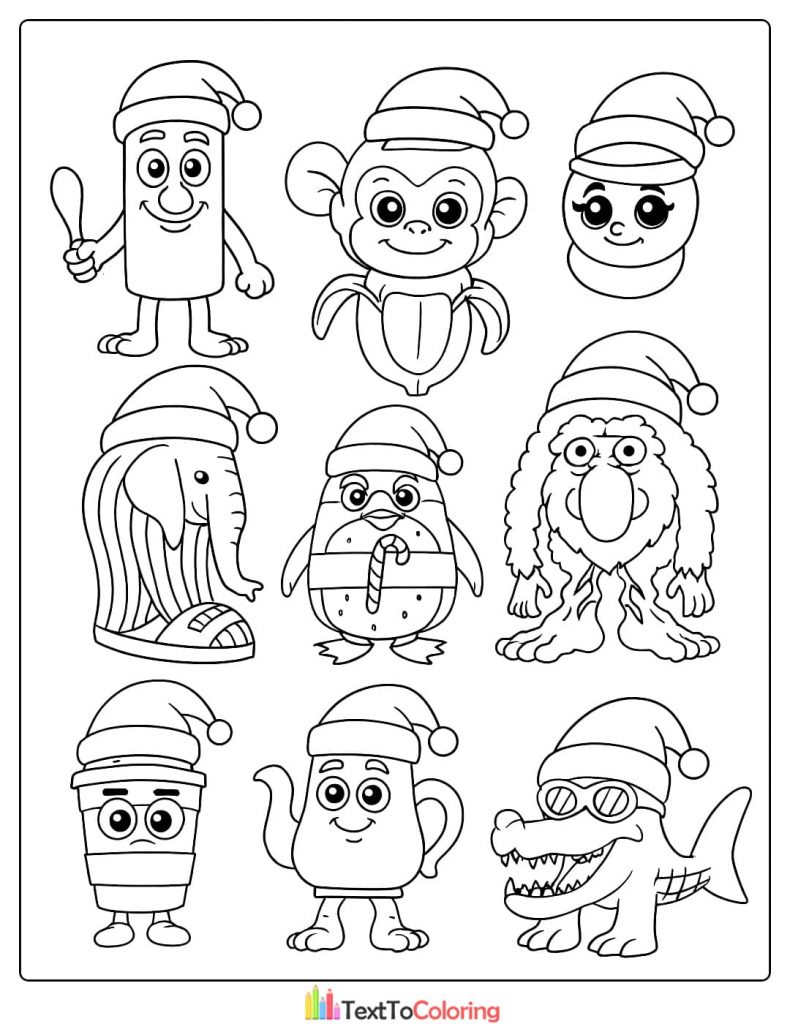 Christmas Mascots Log Monkey Elephant Penguin Shark Coloring Page