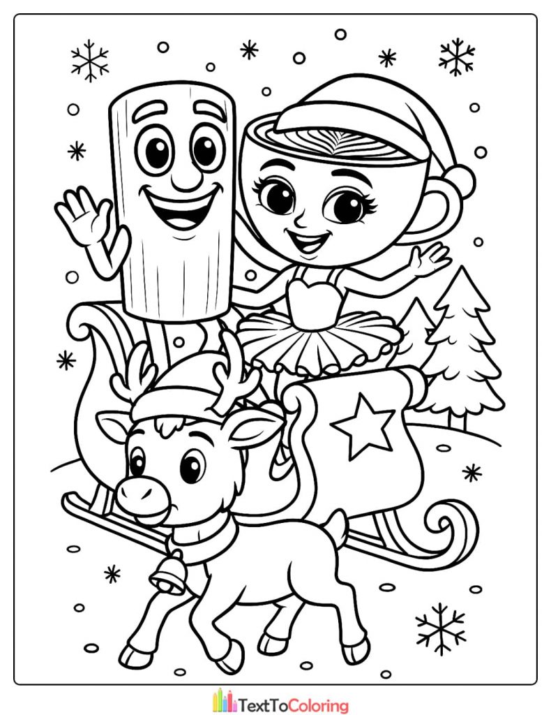 Christmas Wood Log Ballerina Reindeer Sleigh Coloring Page