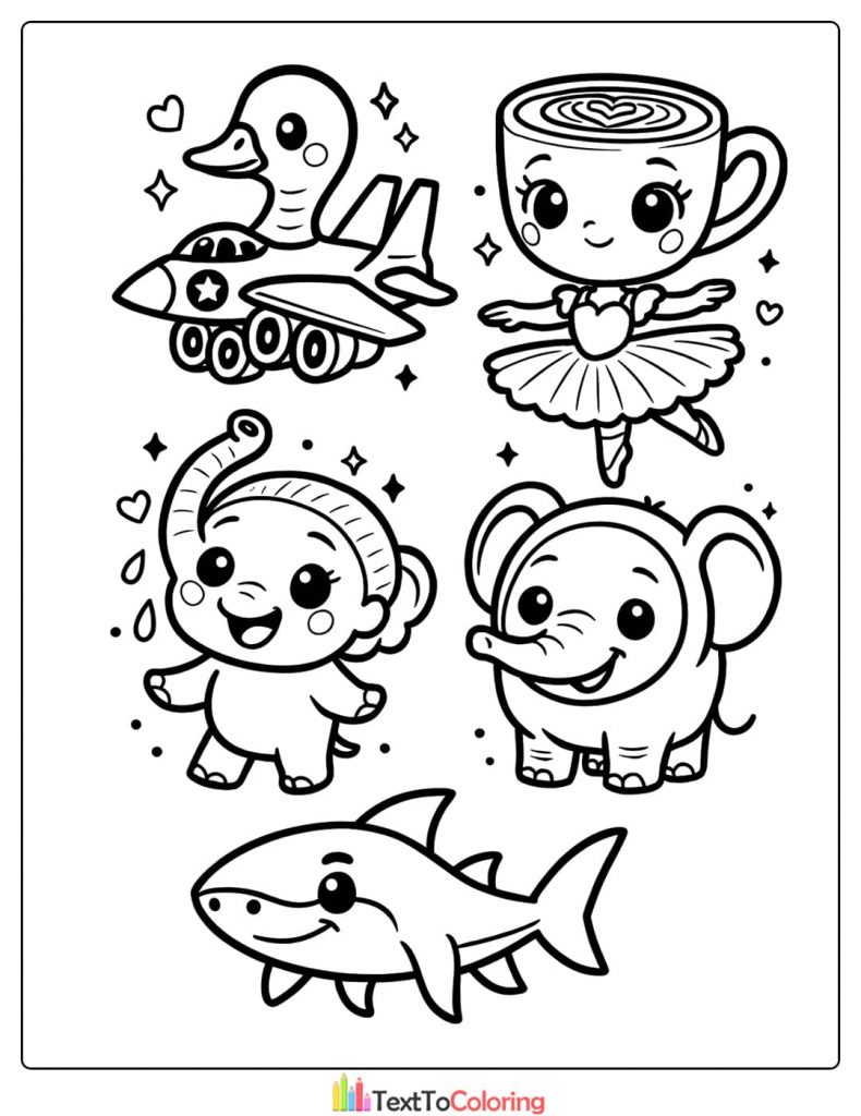 Duck Jet Ballerina Coffee Elephant Shark Cute Set Coloring Page