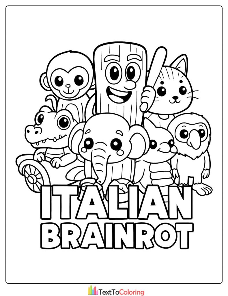 Italian Brainrot Coloring Pages Monkey Cat Elephant Alligator