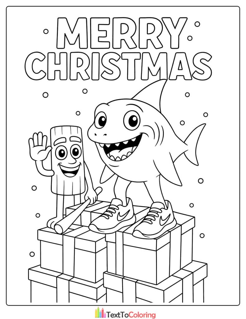 Merry Christmas Shark and Wood Log on Presents Coloring Page