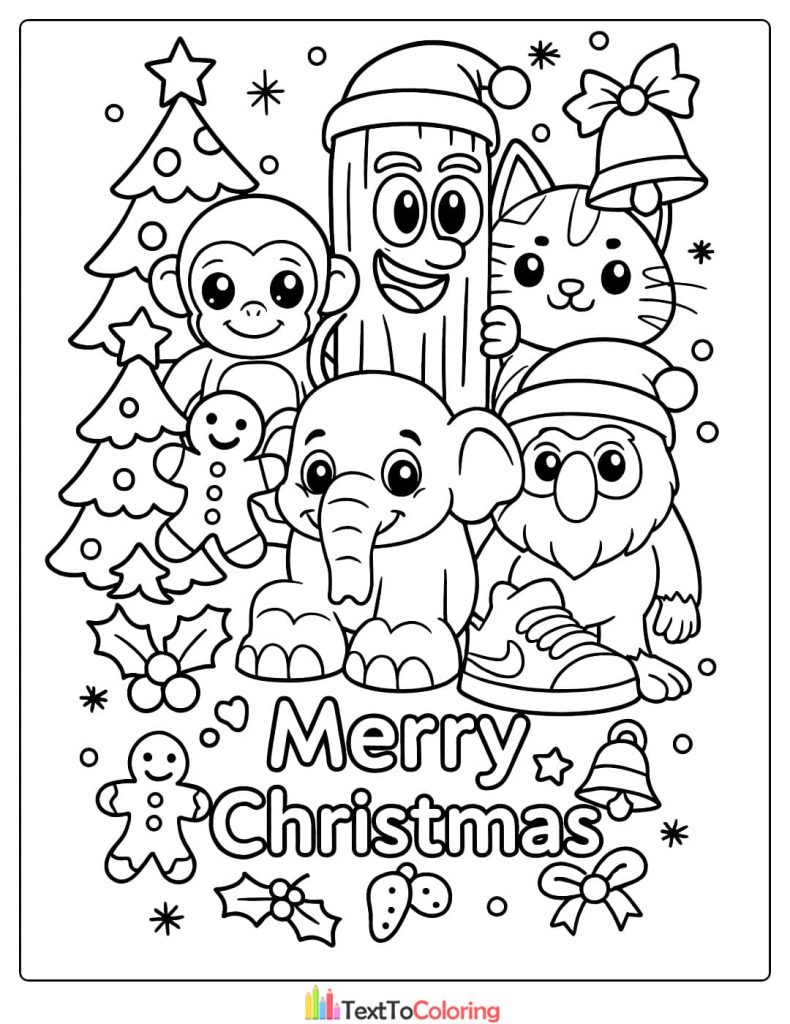 Merry Christmas Log Monkey Cat Elephant Owl Gingerbread Coloring