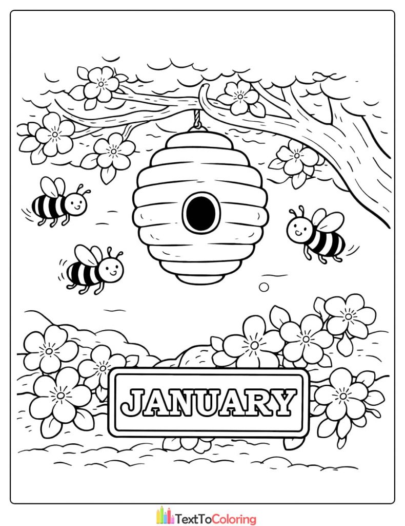 January Coloring Pages Beehive And Bees