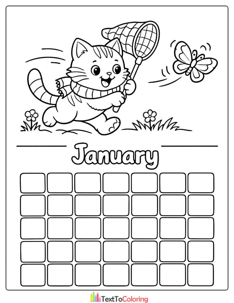 January Coloring Pages Cat With Butterfly