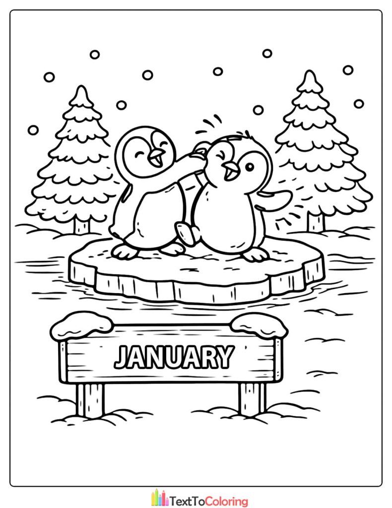 January Coloring Pages Cute Penguins Ice