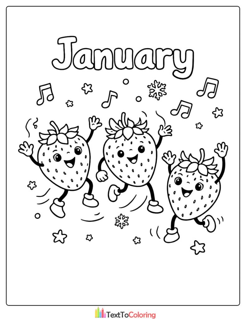 January Coloring Pages Dancing Strawberries