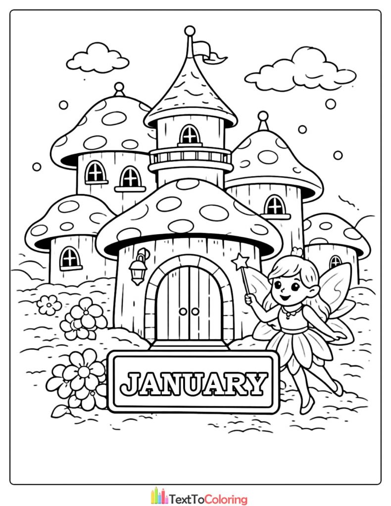 January Coloring Pages Fairy Mushroom Castle