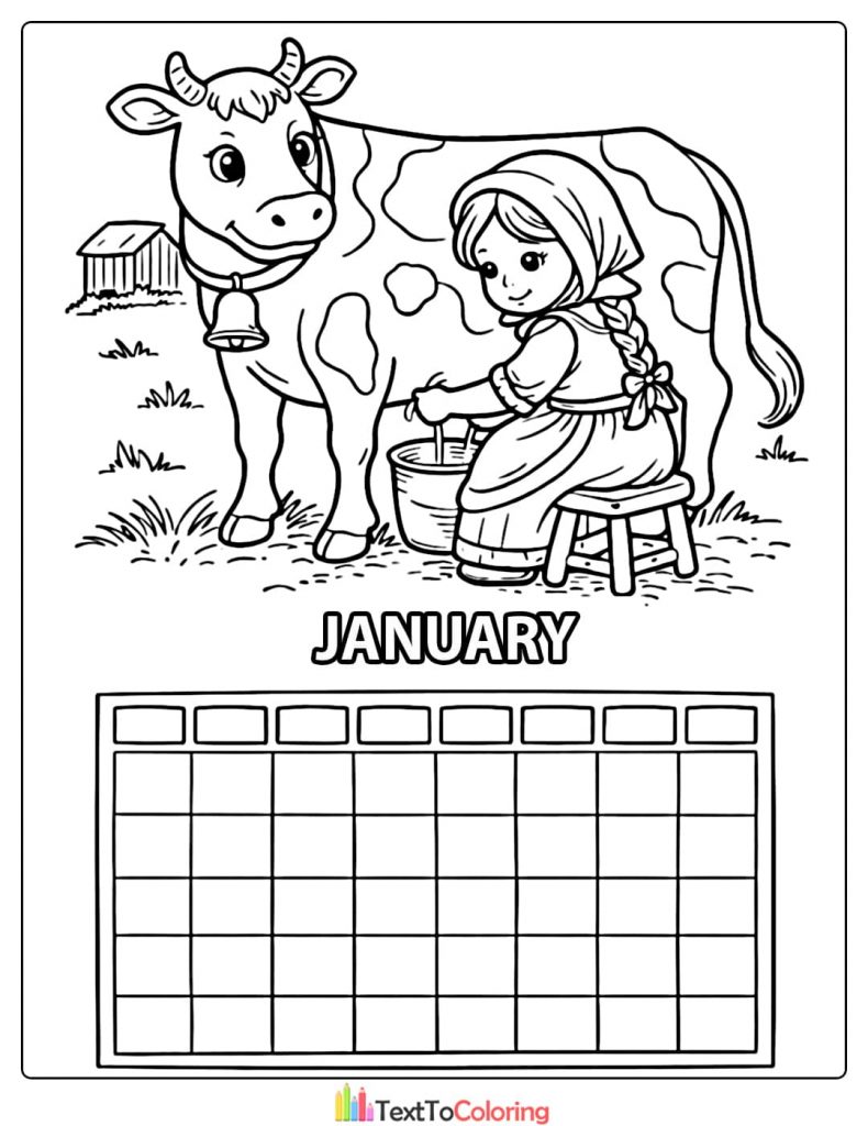 January Coloring Pages Girl Milking Cow