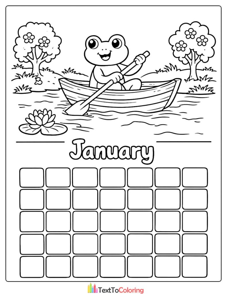 January Coloring Pages Frog Rowing Boat