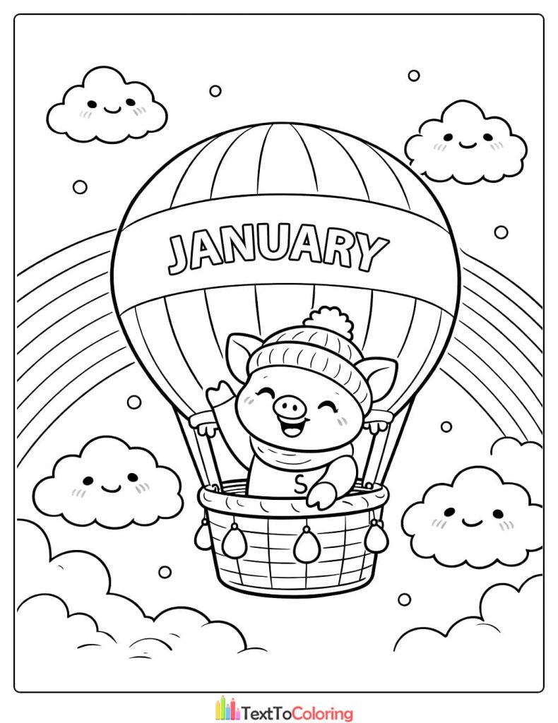 January Coloring Pages Hot Air Balloon Pig