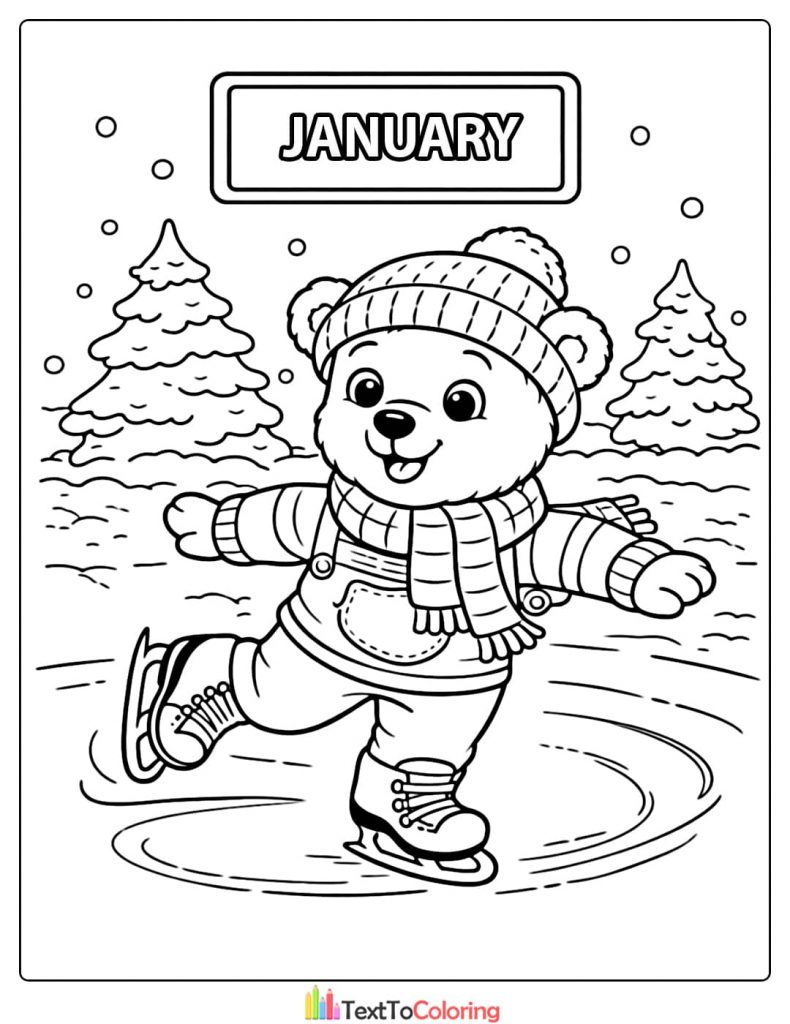 January Coloring Pages Bear Ice Skating