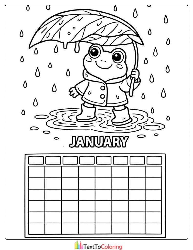 January Coloring Pages Frog With Umbrella