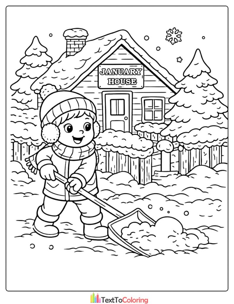 January Coloring Pages Child Shoveling Snow