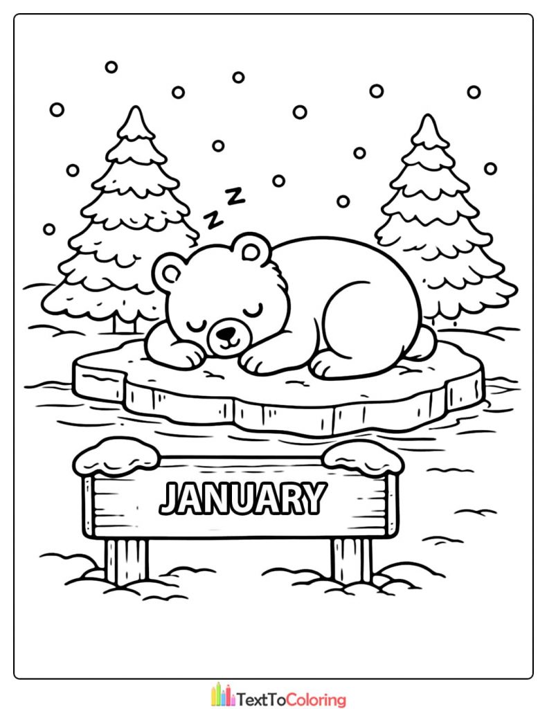 January Coloring Pages Sleeping Bear Winter