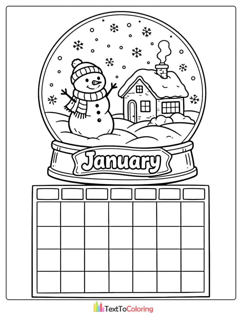 January Coloring Pages Snowman Snow Globe