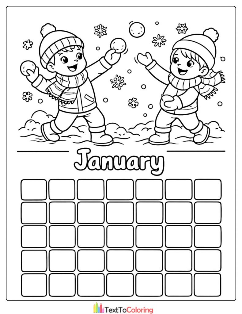 January Coloring Pages Kids Snowball Fight