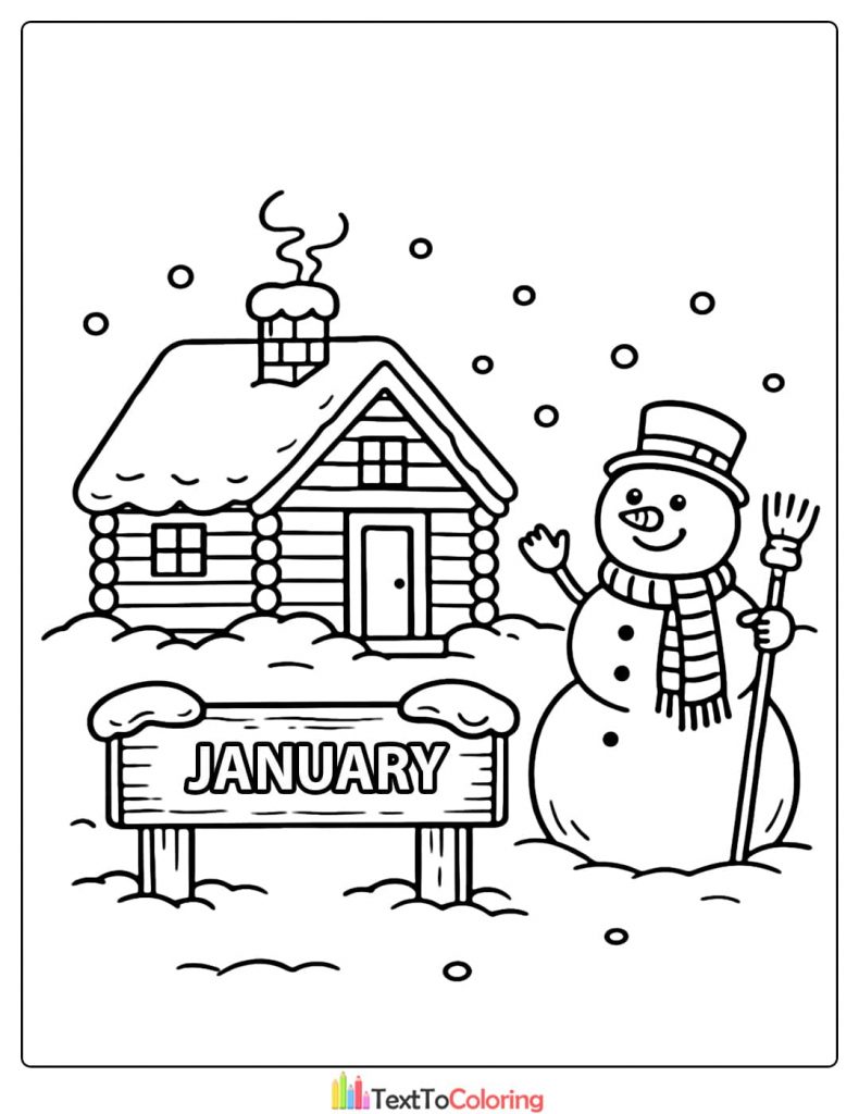 January Coloring Pages Snowman Cabin