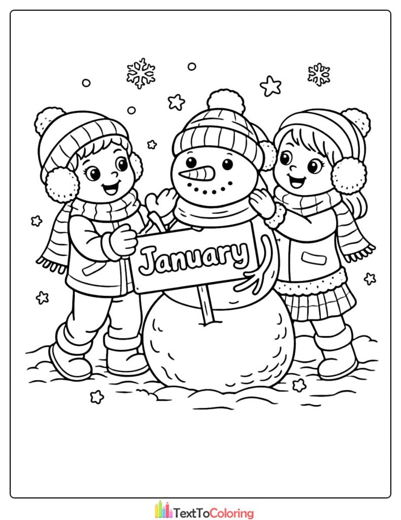 January Coloring Pages Kids With Snowman