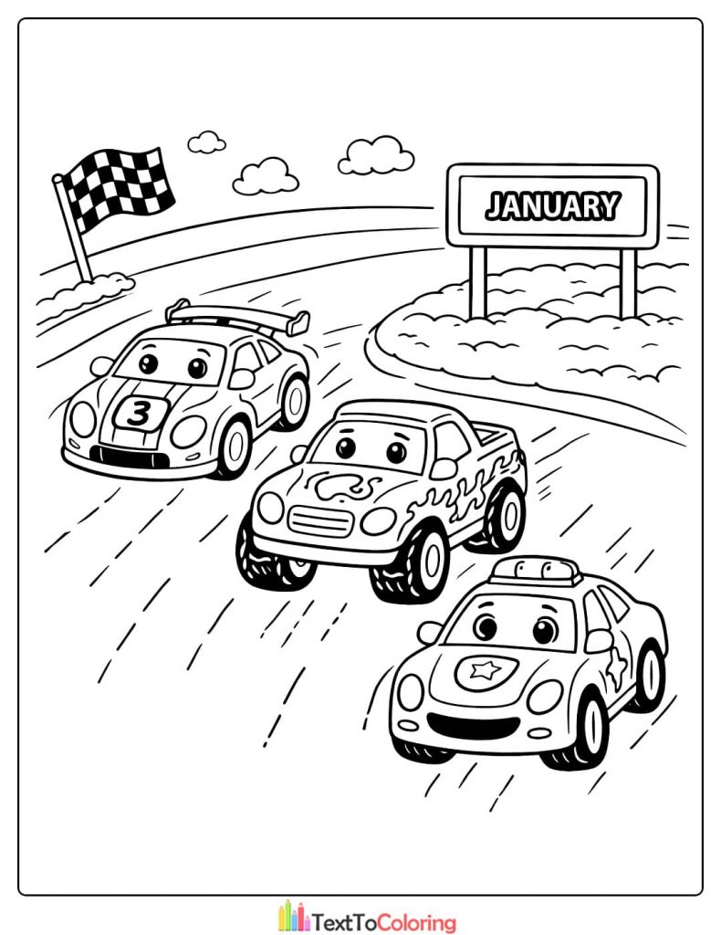 January Coloring Pages Cute Racing Cars