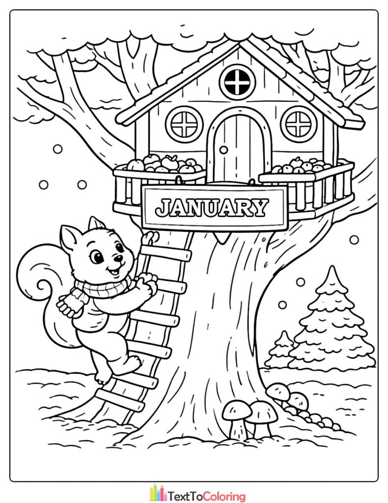 January Coloring Pages Squirrel Tree House