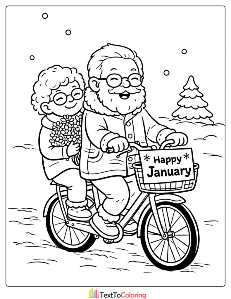 January Coloring Pages Elderly Couple Bike