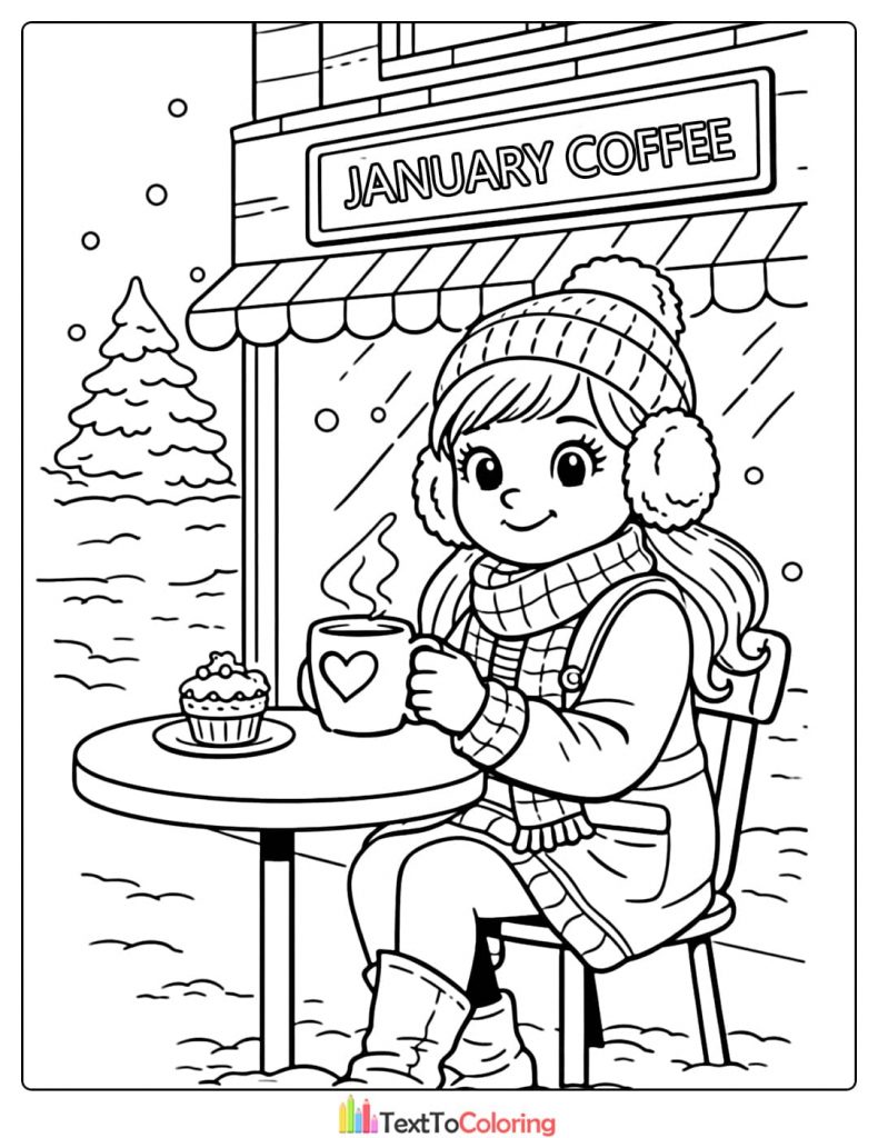 January Coloring Pages Girl Drinking Coffee