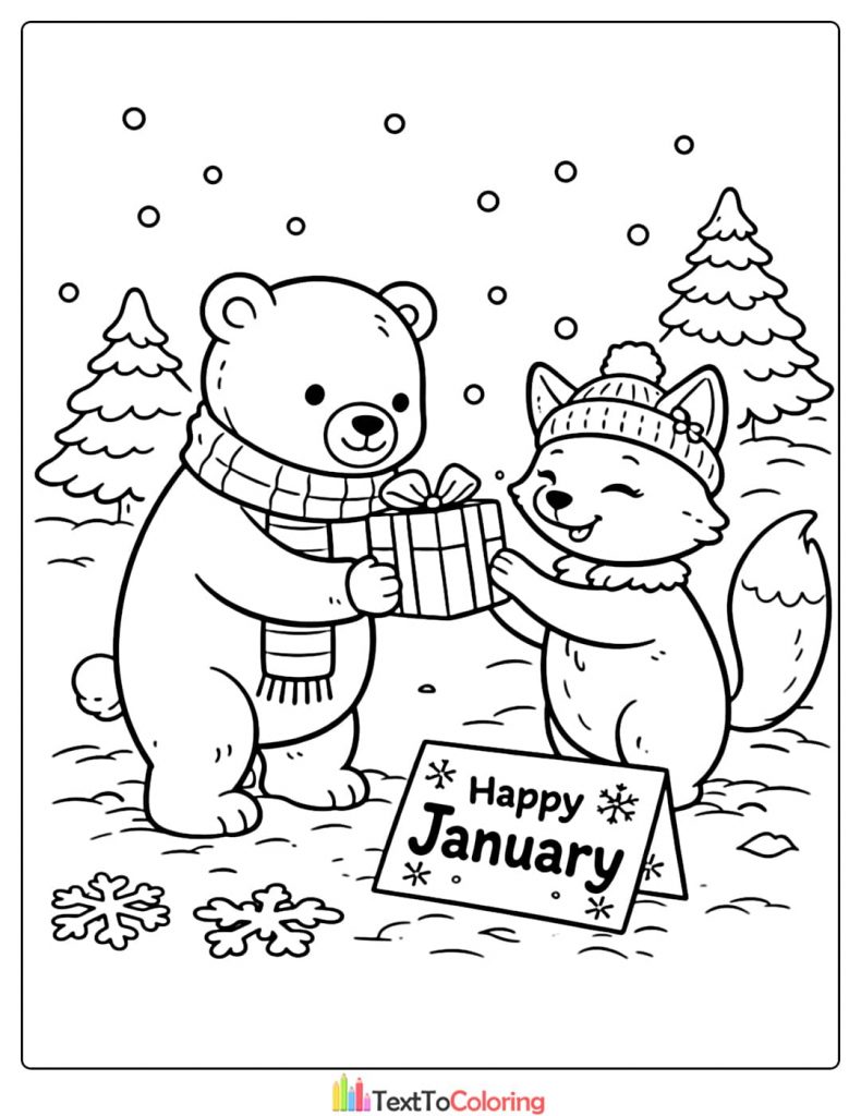 January Coloring Pages Bear Fox Gift
