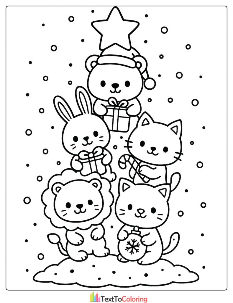 Adorable Christmas Tree Coloring Page with Kawaii Bear Rabbit Cats Lion
