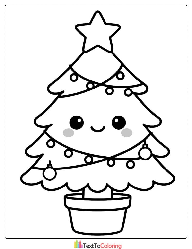 Simple Christmas Tree Coloring Page with Cute Happy Face and Lights