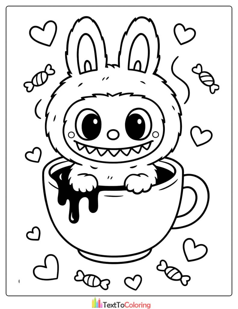 Bunny ear Labubu sitting in a mug of hot chocolate surrounded by hearts and candy coloring sheet