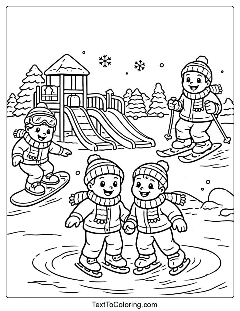 Kids Ice Skating And Skiing Winter Sports Coloring Pages