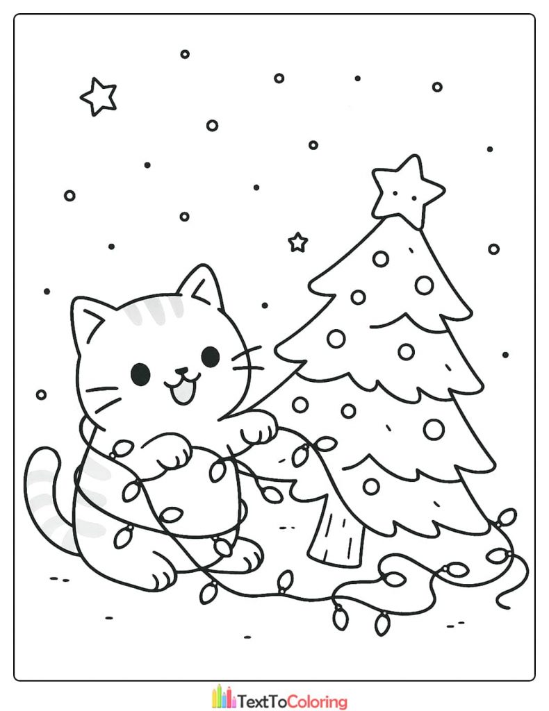 Cute Christmas Tree Coloring Page with Happy Cat Tangled in Lights