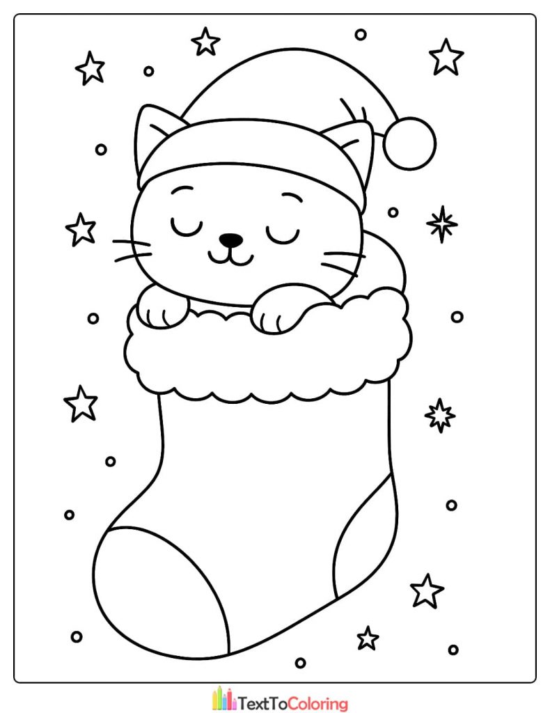 Christmas Coloring Page featuring a happy kitten wearing a Santa hat sleeping peacefully inside a large stocking