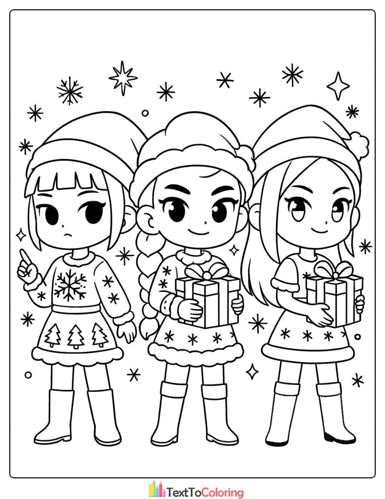 Three chibi Kpop Demon Hunters holding Christmas gifts Coloring Pages
