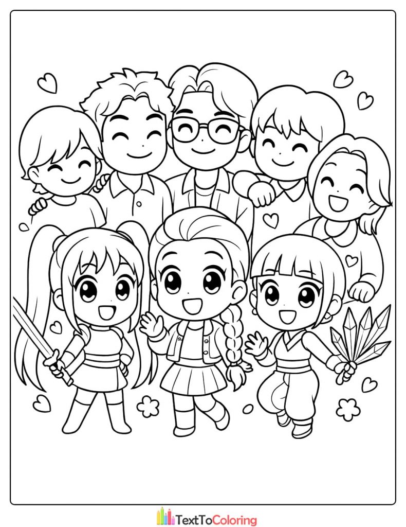Group of chibi characters Kpop Demon Hunters and friends Coloring Pages