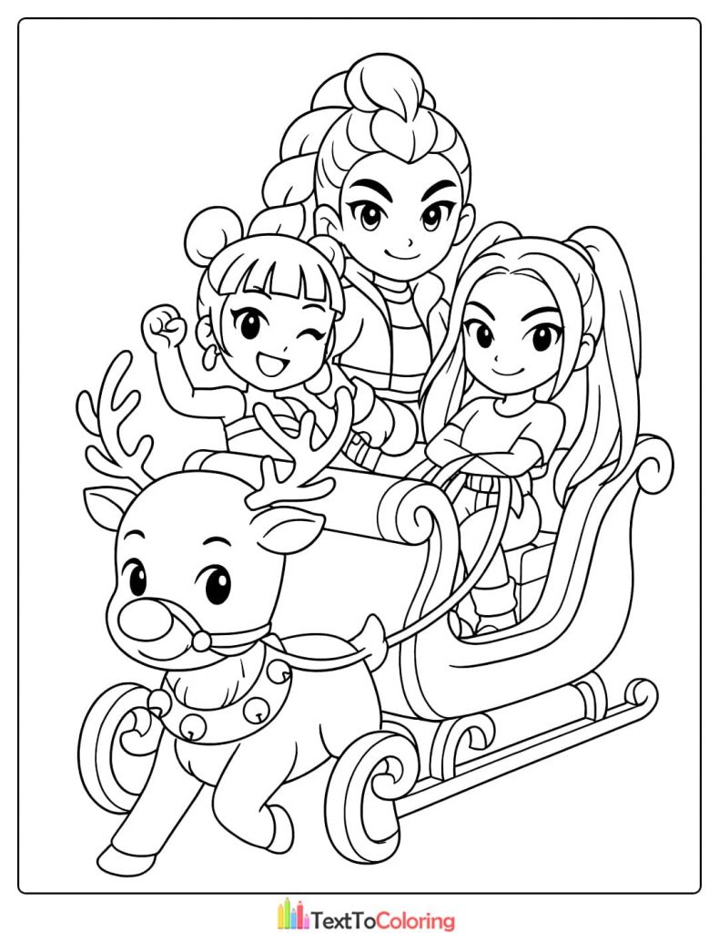 Three Kpop Demon Hunters riding a reindeer pulled sleigh Coloring Pages