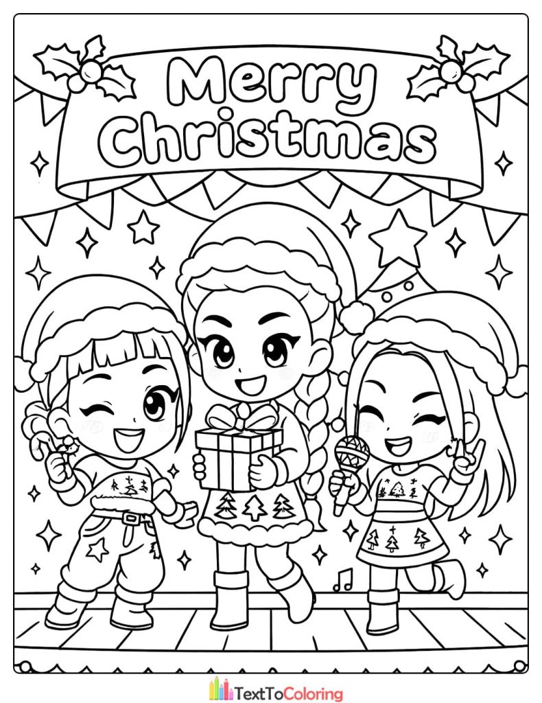Three Kpop Demon Hunters singing under a Merry Christmas banner Coloring Pages