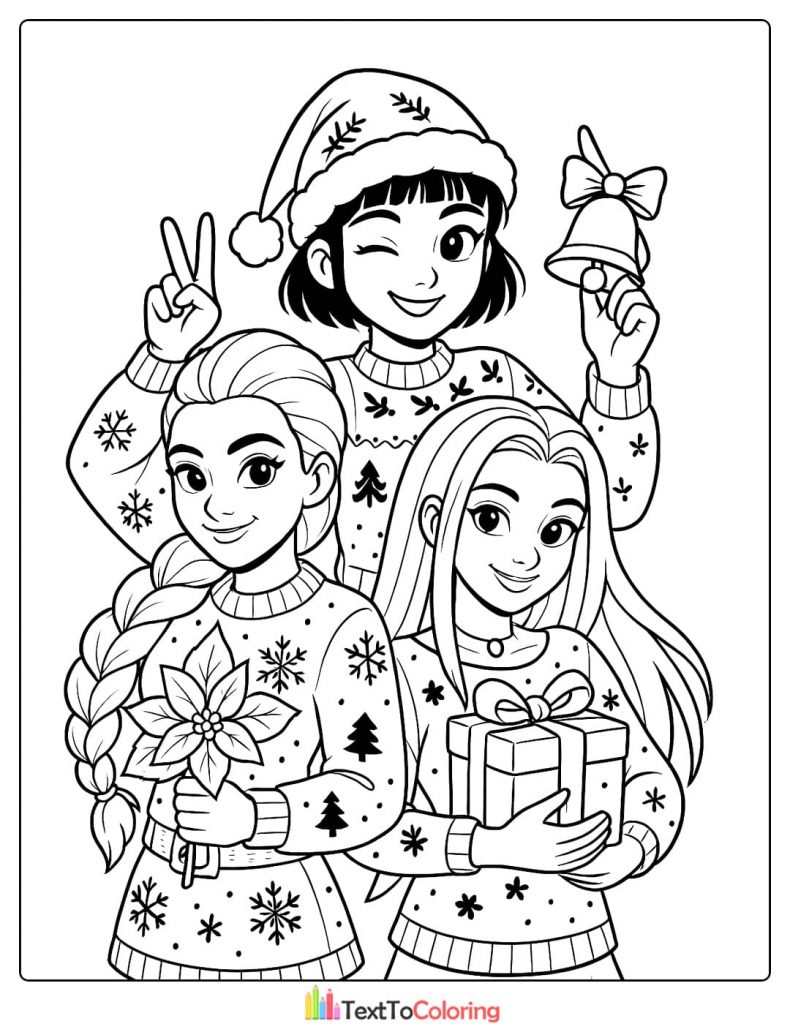Rumi Mira Zoey trio in ugly Christmas sweaters holding gifts Coloring Pages