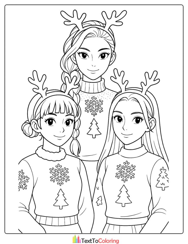 Rumi Mira Zoey in reindeer headbands and Christmas sweaters Coloring Pages
