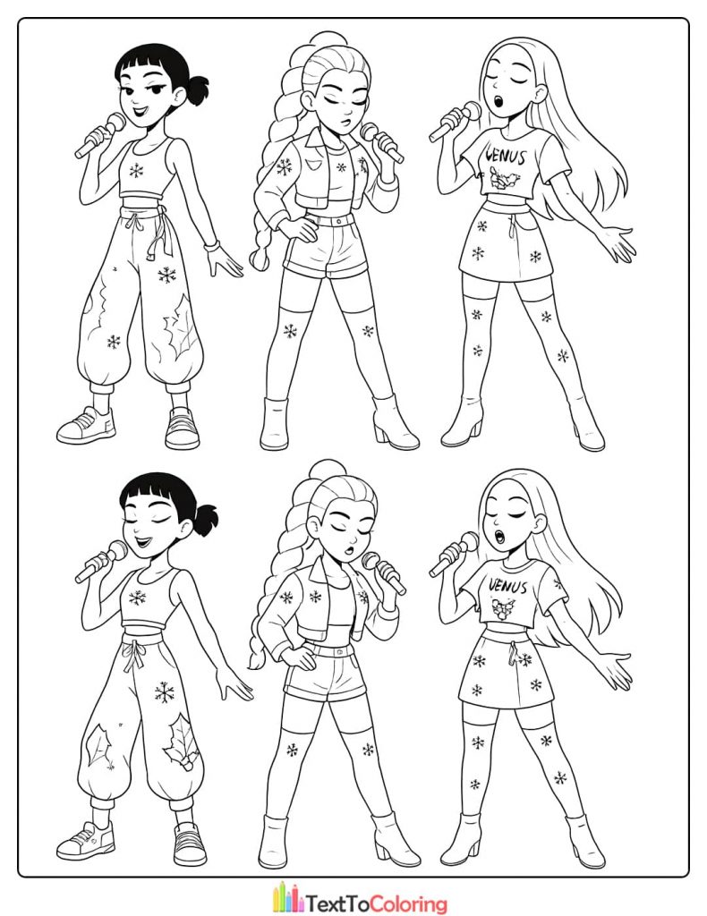 Rumi Mira Zoey singing in concert outfits Kpop Demon Hunters Coloring Pages